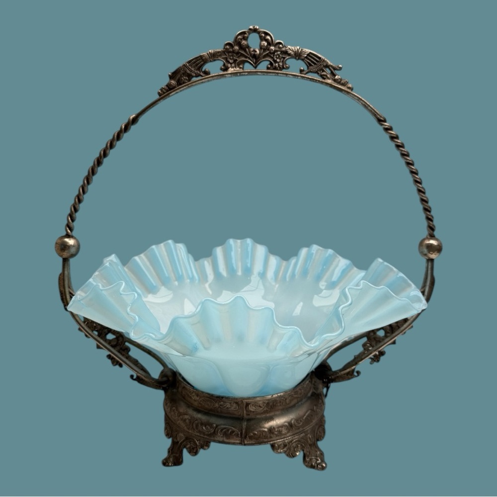 Vintage Bride's Basket Blue Fenton Ruffled Edges Bowl with Metal Holder